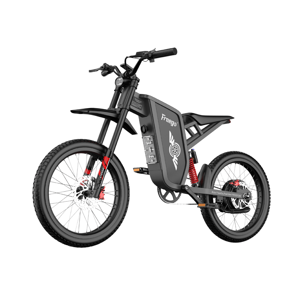 Freego X1 electric dirt bike, front three-quarter product view
