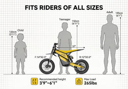 Heybike Villain rider size chart: recommended height 3'9" to 6'1", max load 265 lb