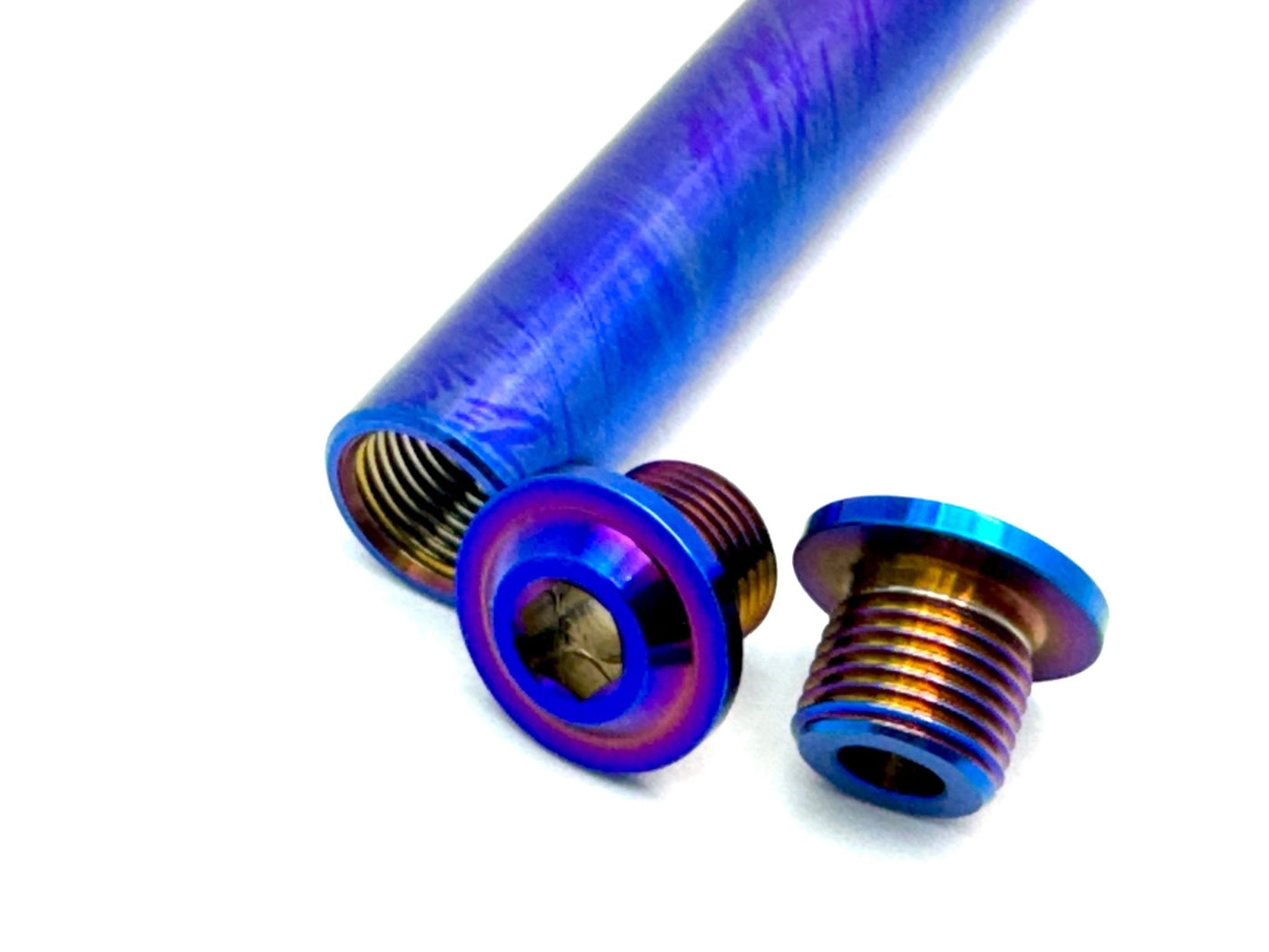 KKE Fork Custom Titanium Axle and Two Axle End-Bolts · Titanium Surron, burnt blue