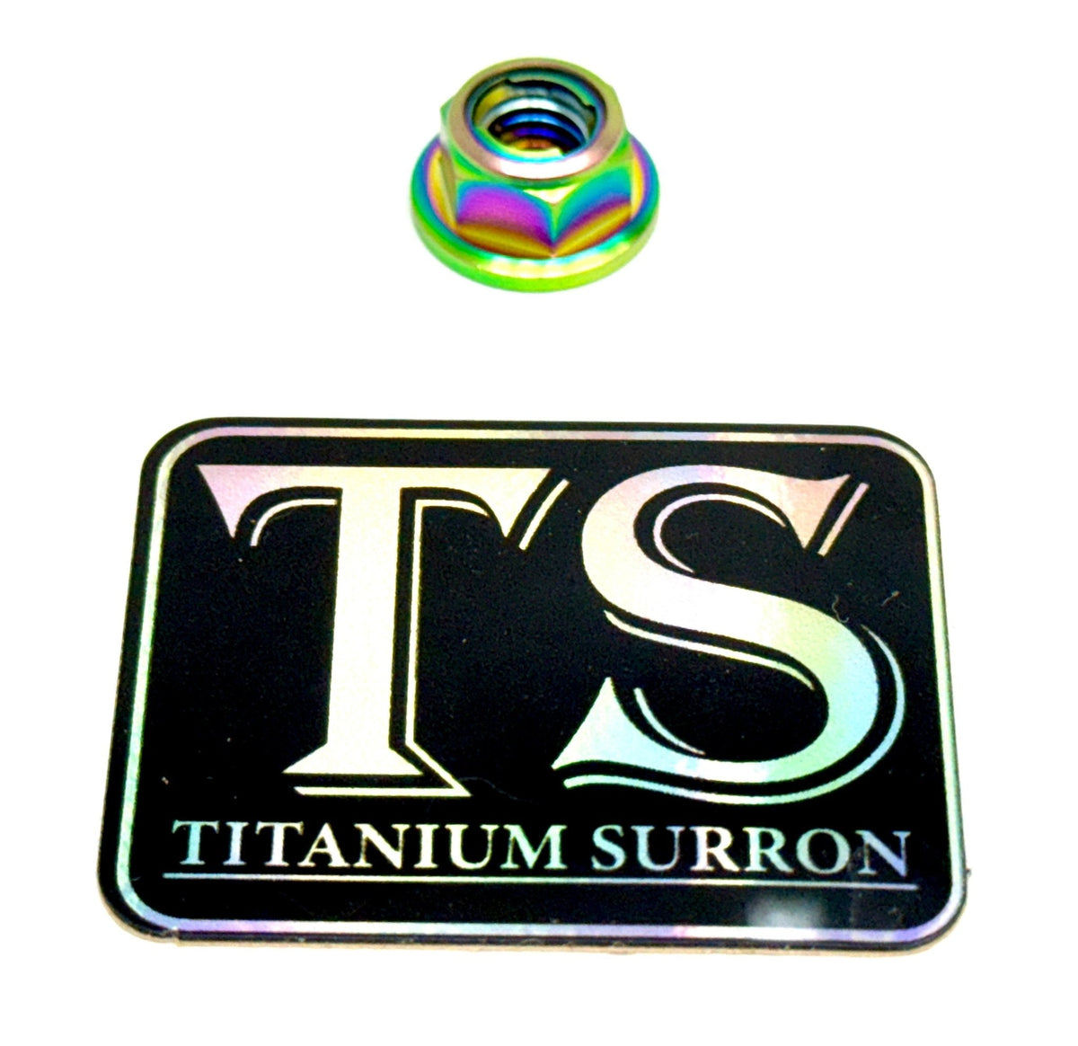 M8 Titanium Grade 5 DIN 6923 Hex Flange Nut · Titanium Surron, rainbow (oil slick/ multi-color)