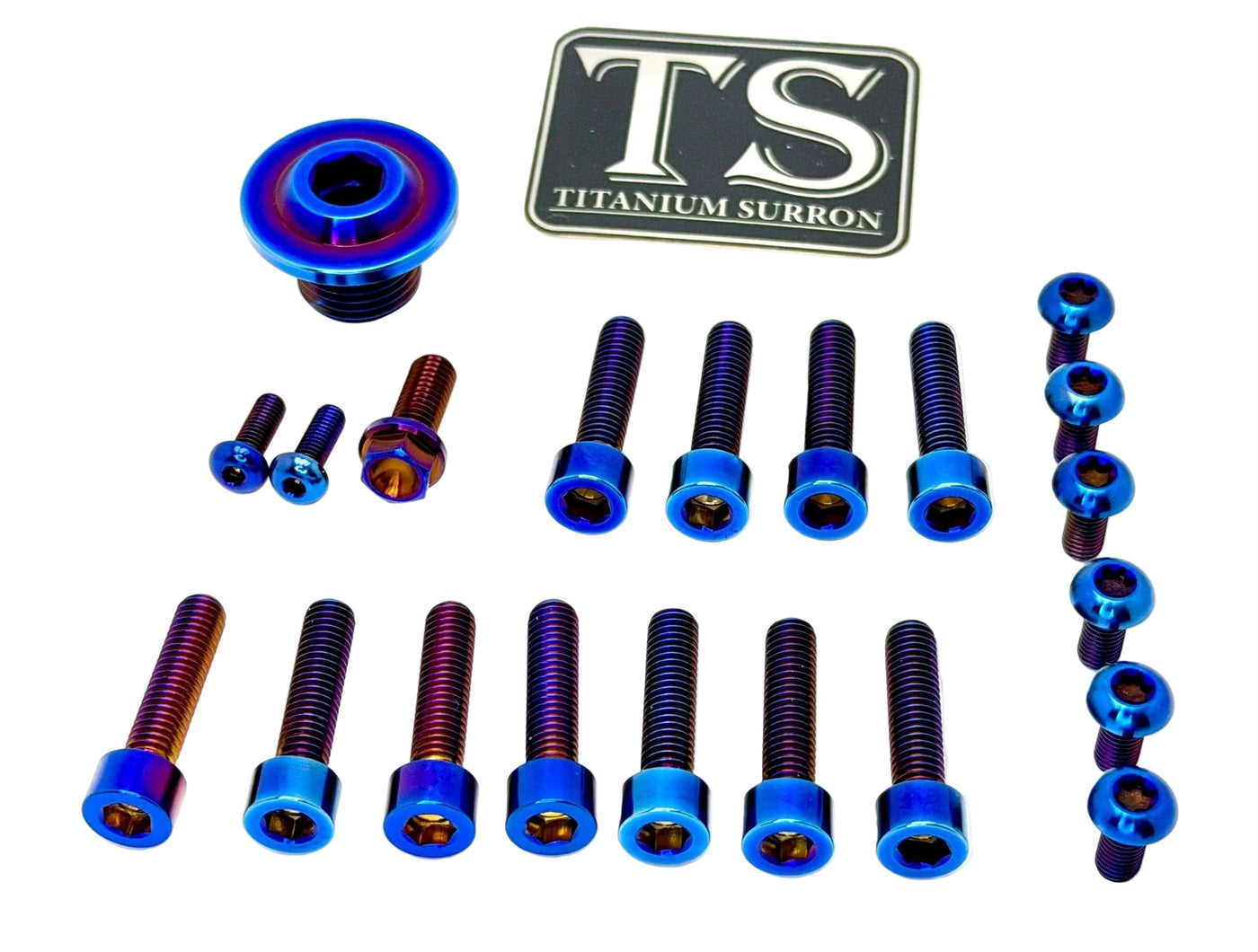 Titanium Surron Ultra Bee OEM Fork Bolt Kit · Titanium Surron, burnt blue