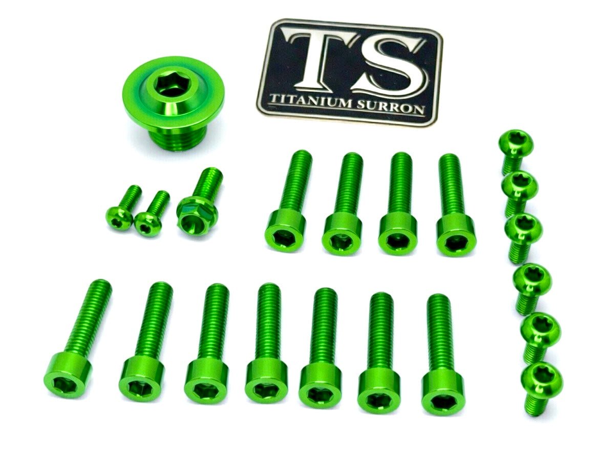 Titanium Surron Ultra Bee OEM Fork Bolt Kit · Titanium Surron, green