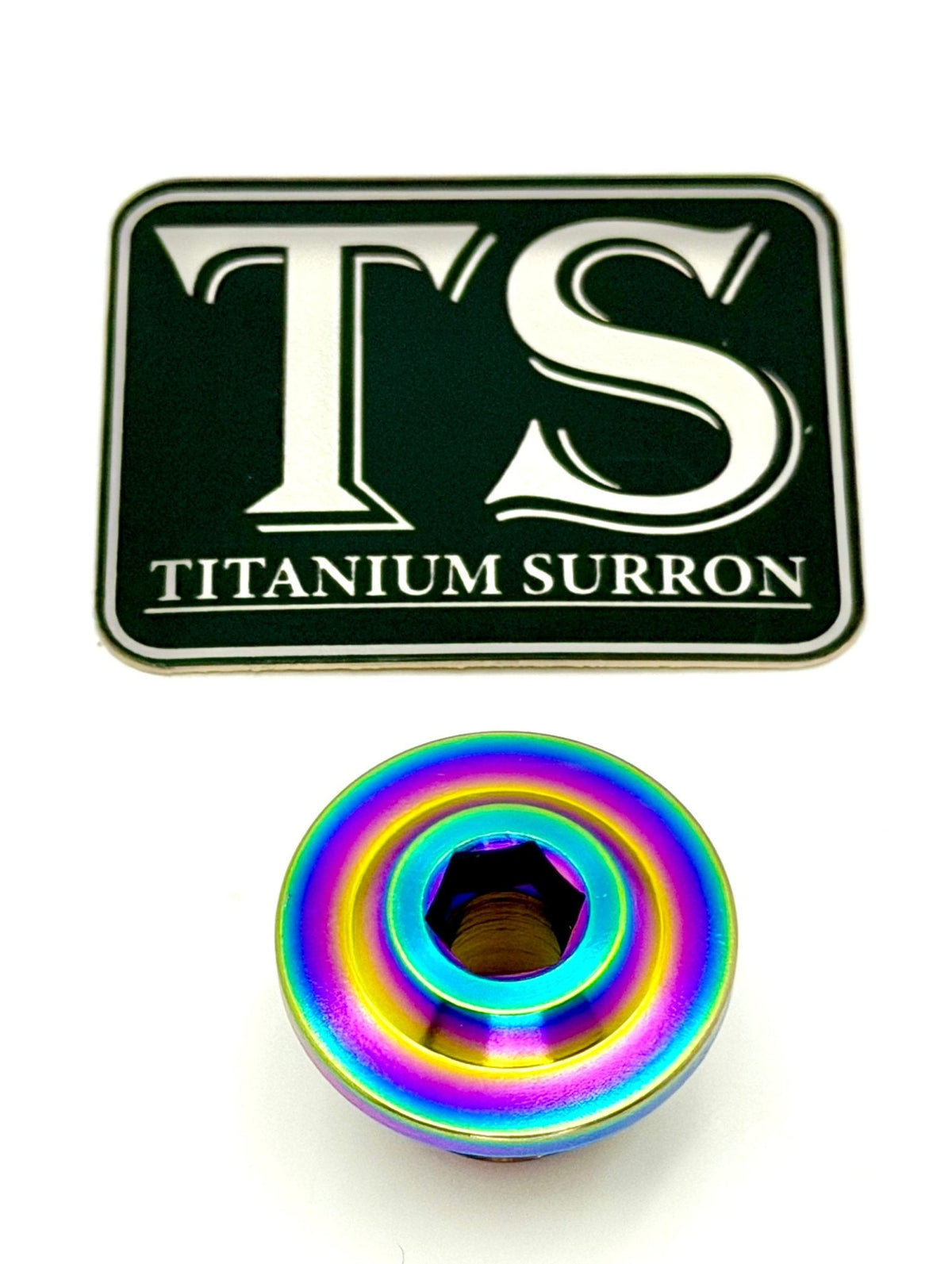 Titanium Surron Ultra Bee OEM KKE Fork Axle End-Bolt · Titanium Surron, rainbow