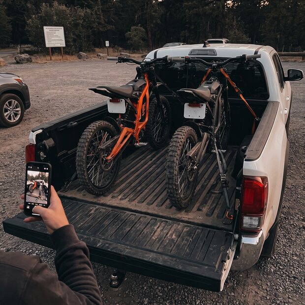 Two electric dirt bikes strapped in a pickup truck bed