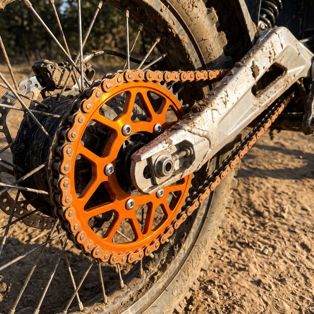 Fresh orange sprocket installed on a used swingarm